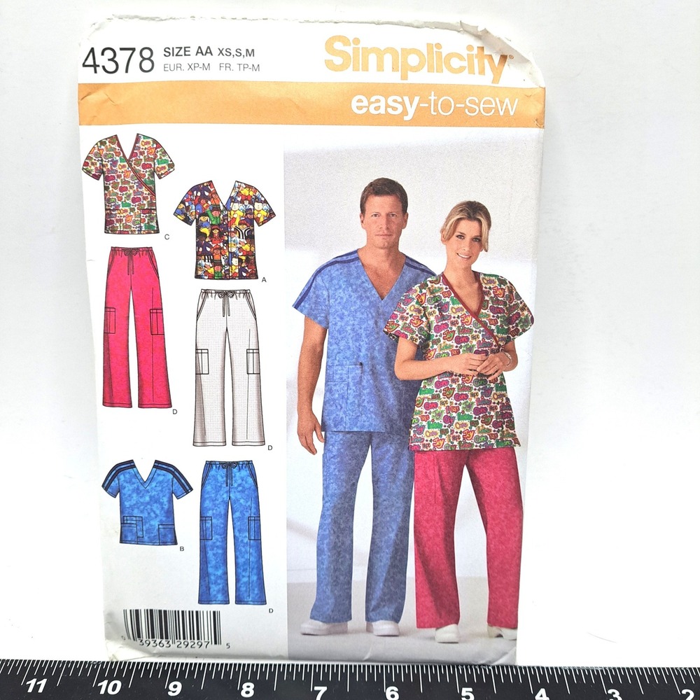 Vintage Simplicity 4378‎ Scrub Uniform Sewing Pattern Unisex XS-S-M Top Pants